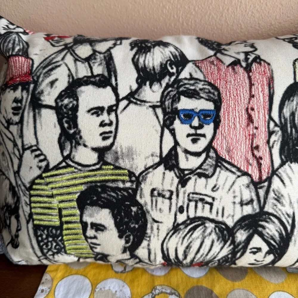 Embroidered Crowd sketch small pillow